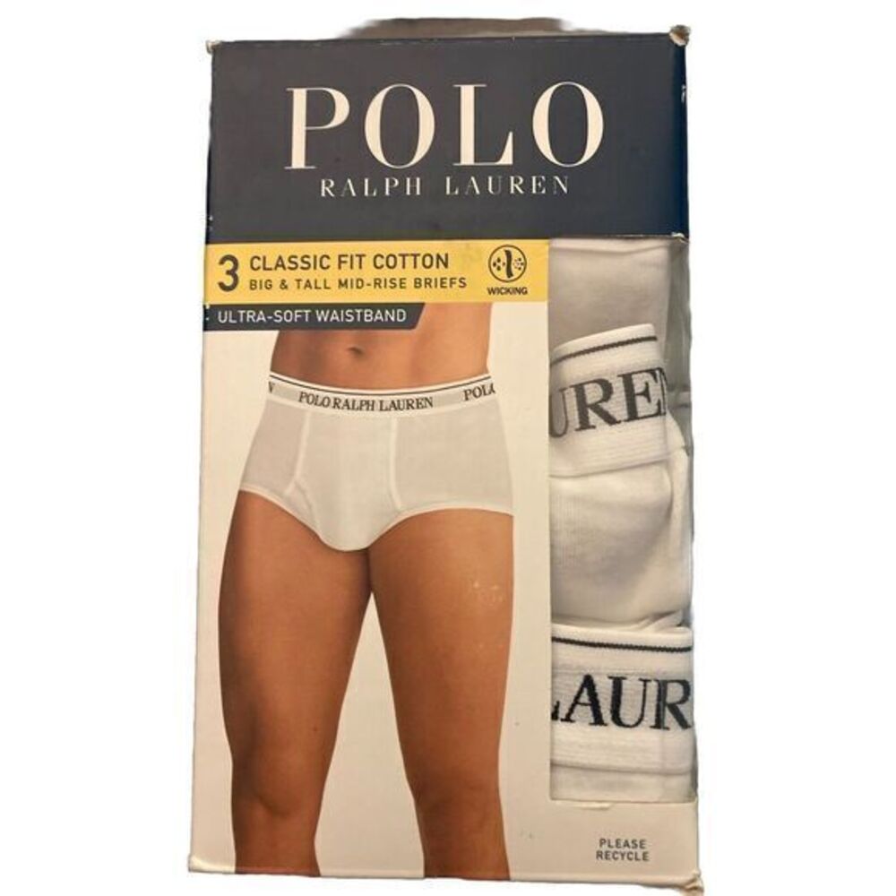 POLO RALPH LAUREN 3 Pack Cotton Briefs Big&Tall 3X Waistband Logo White NIB